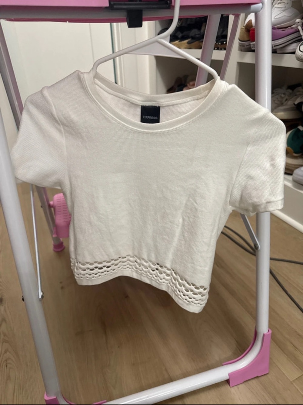 Express Girls' White Short-Sleeve Knit Top with Crochet Hem